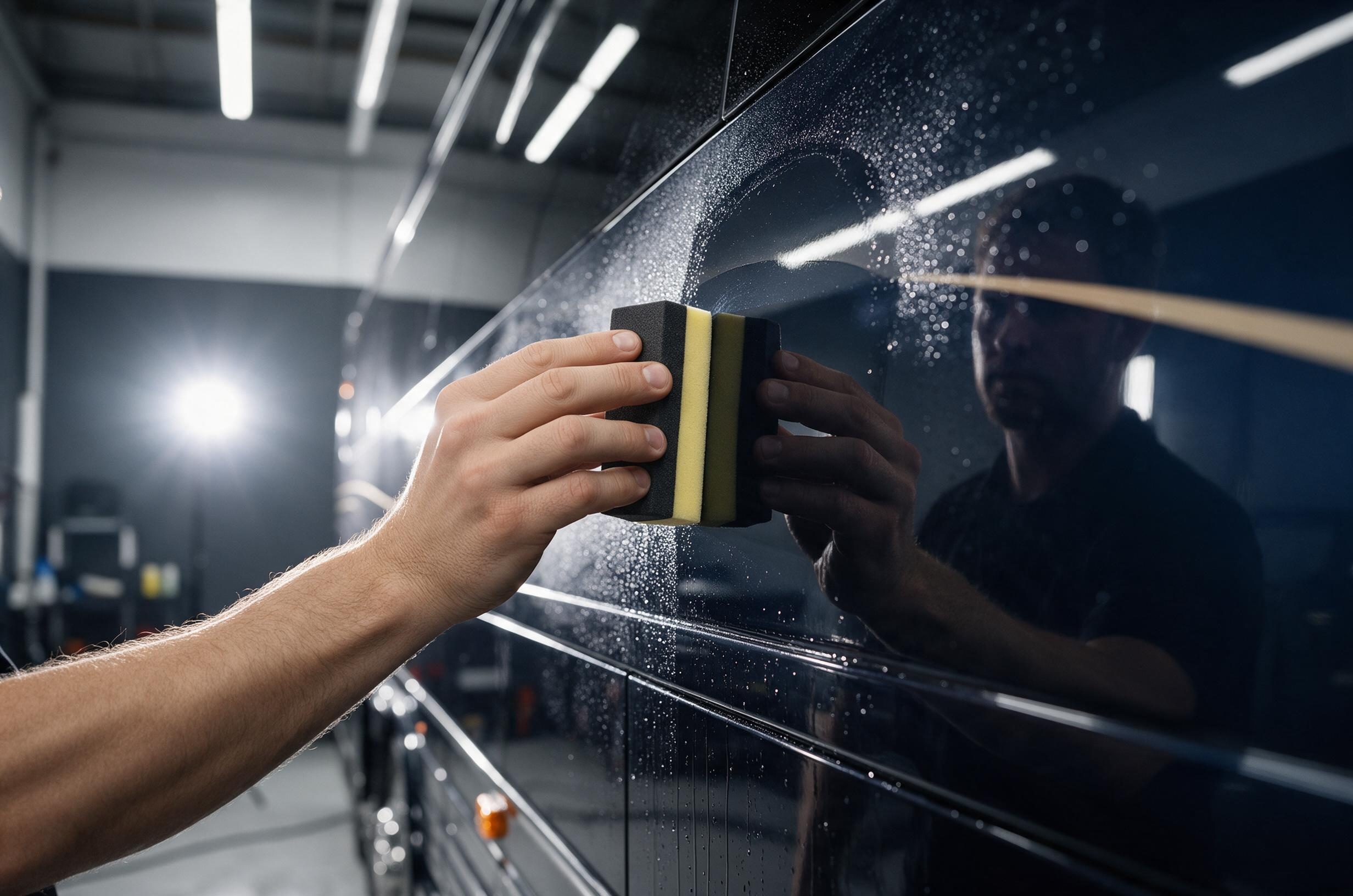 Detailer applying ceramic coating to the glossy side panel of a luxury motorcoach