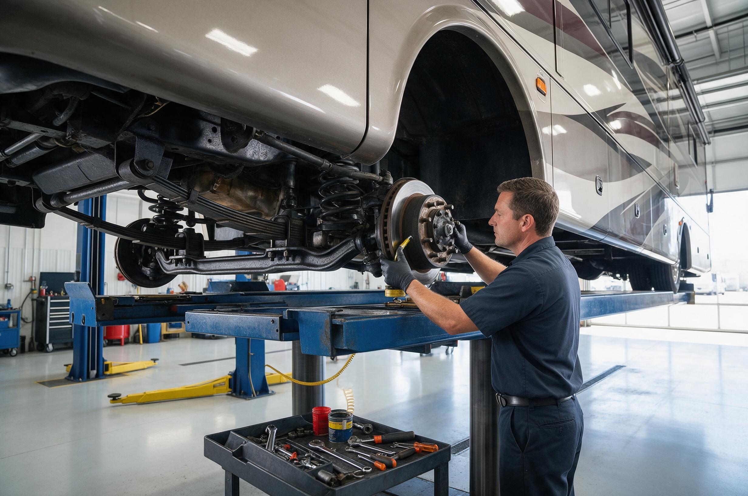 Mechanic servicing the chassis and drivetrain of a Class A motorcoach on a heavy-duty lift