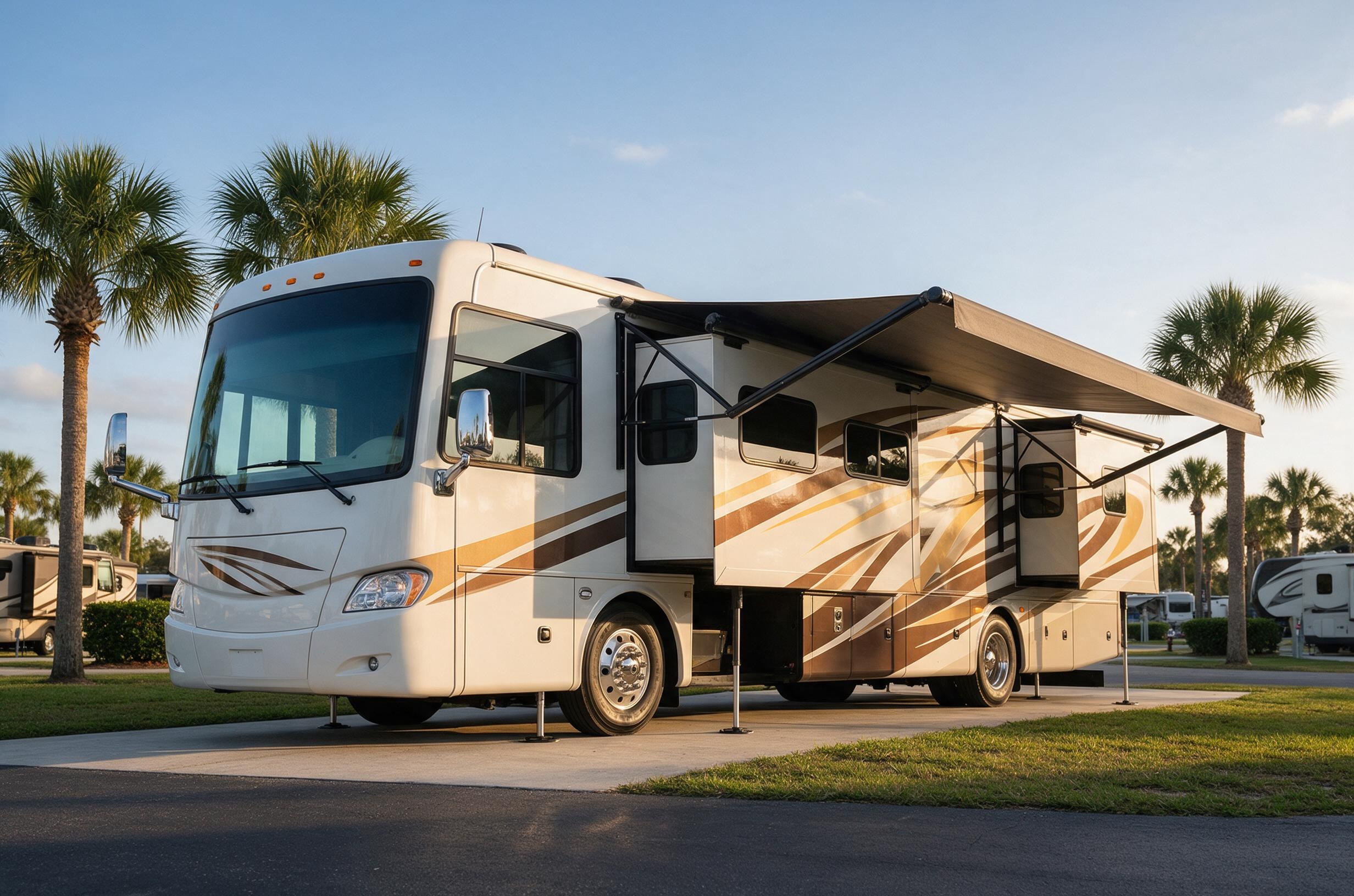 Luxury Class A diesel pusher motorcoach parked at a Florida RV resort