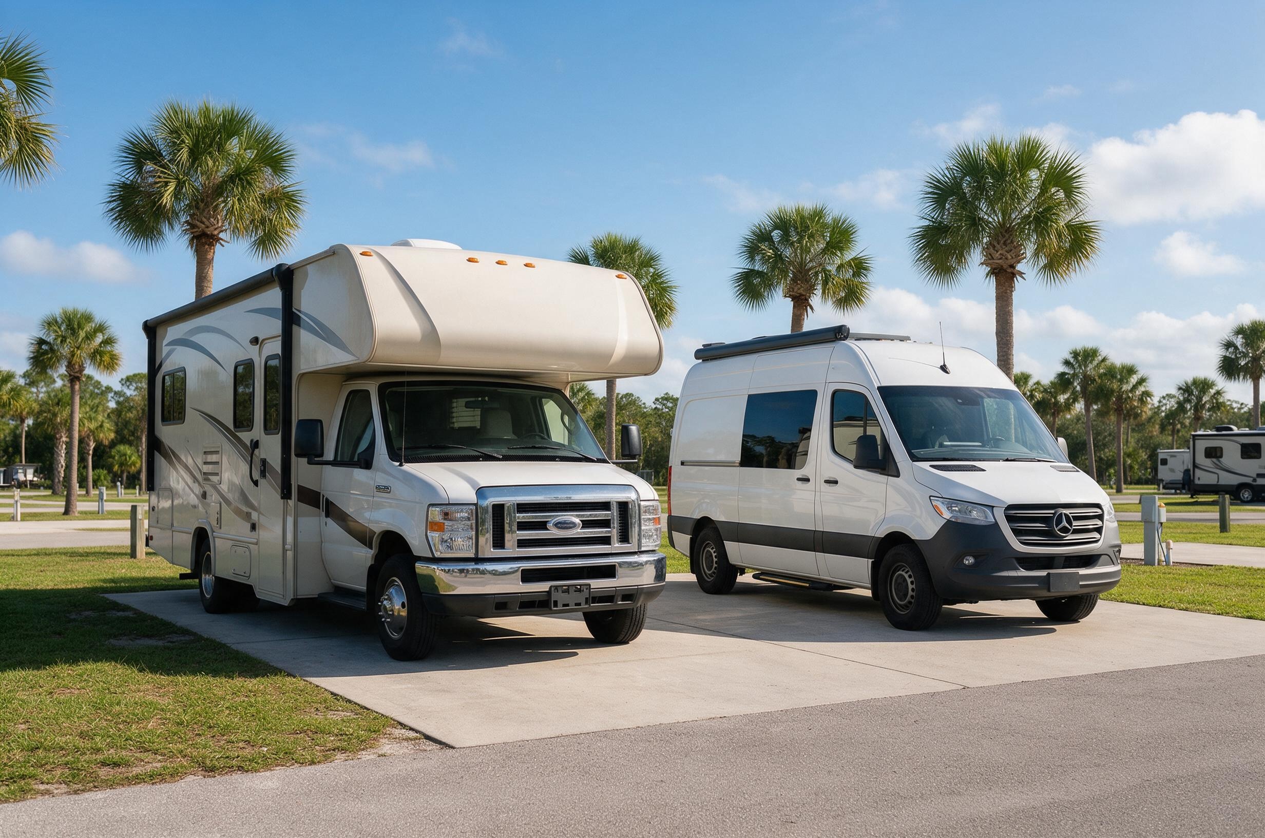 Class C motorhome and Class B camper van parked at a Florida state park campsite