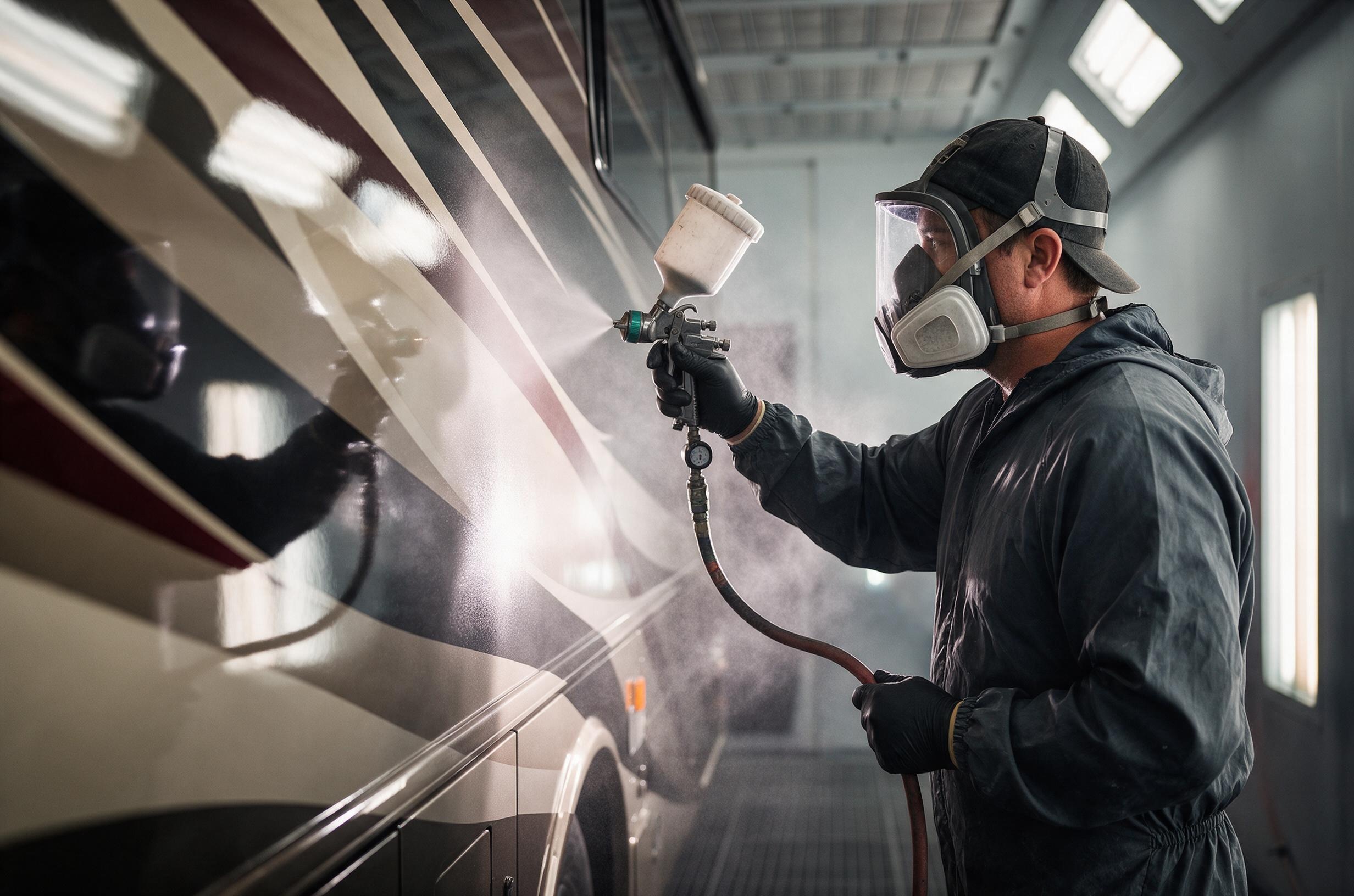 Technician spraying fresh paint on a motorcoach panel inside a professional downdraft paint booth