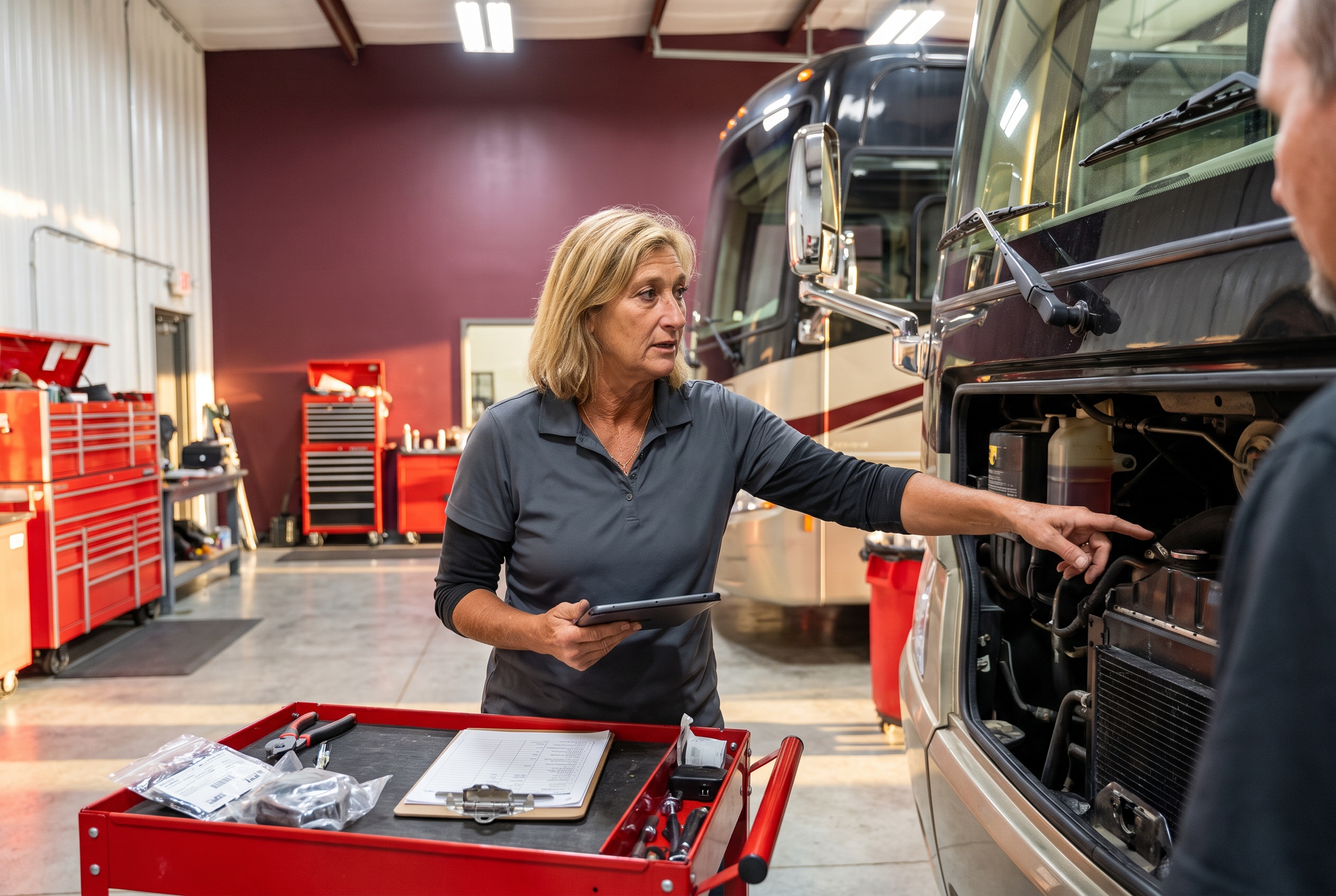 Diane Curley coordinating a job at the open engine bay of a motorcoach in the service bay