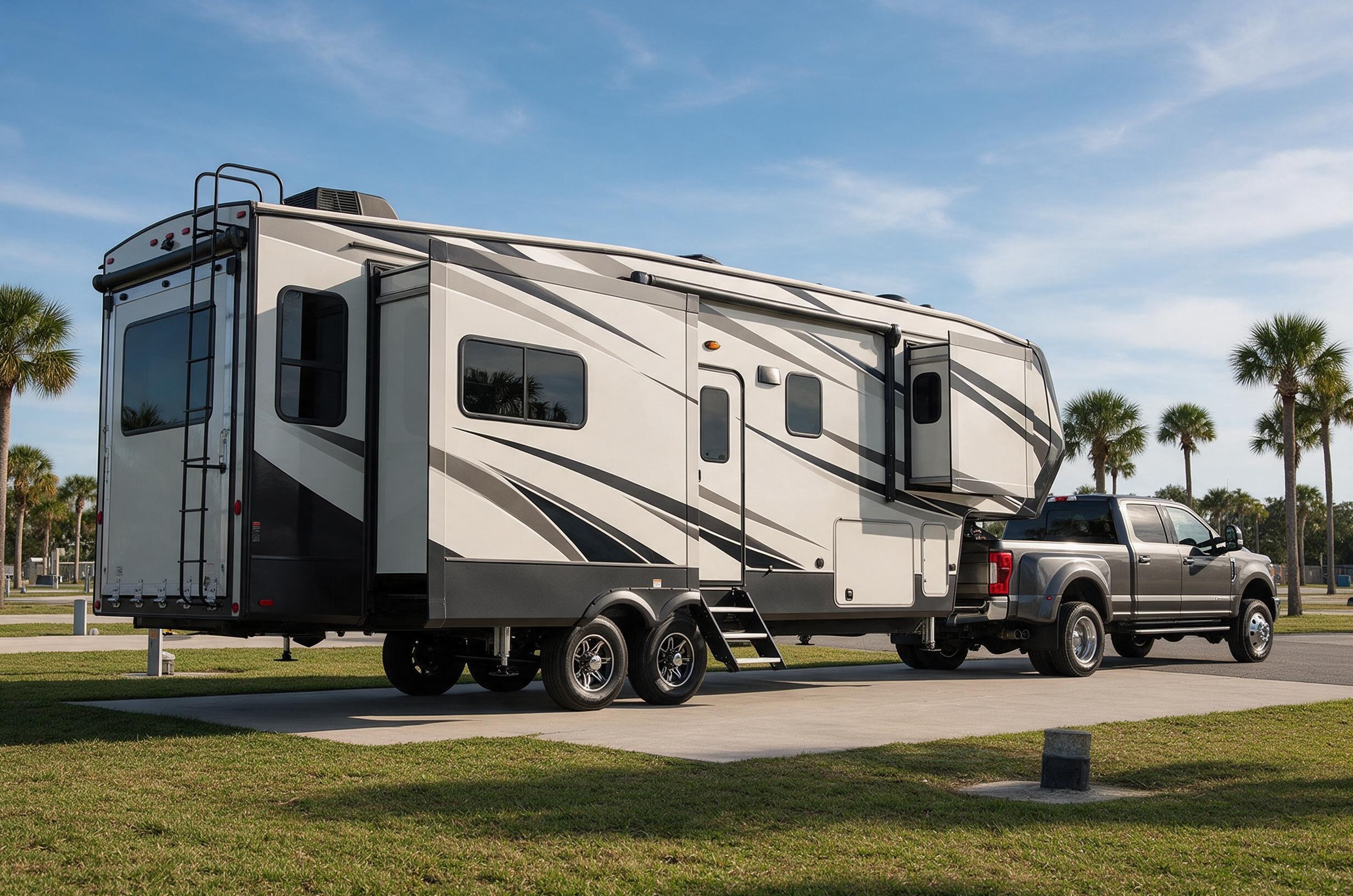 Fifth wheel RV hitched to a dually pickup truck at a Florida campground