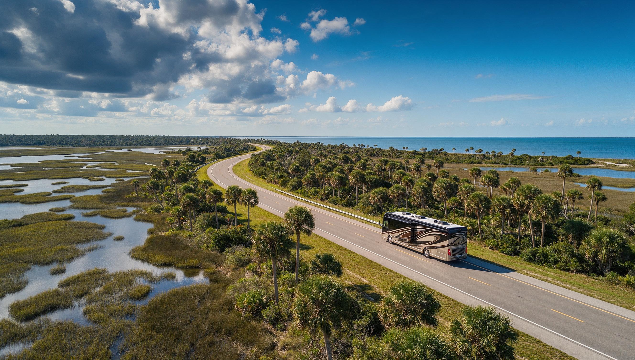 An RV travelling Florida's Nature Coast toward Hudson