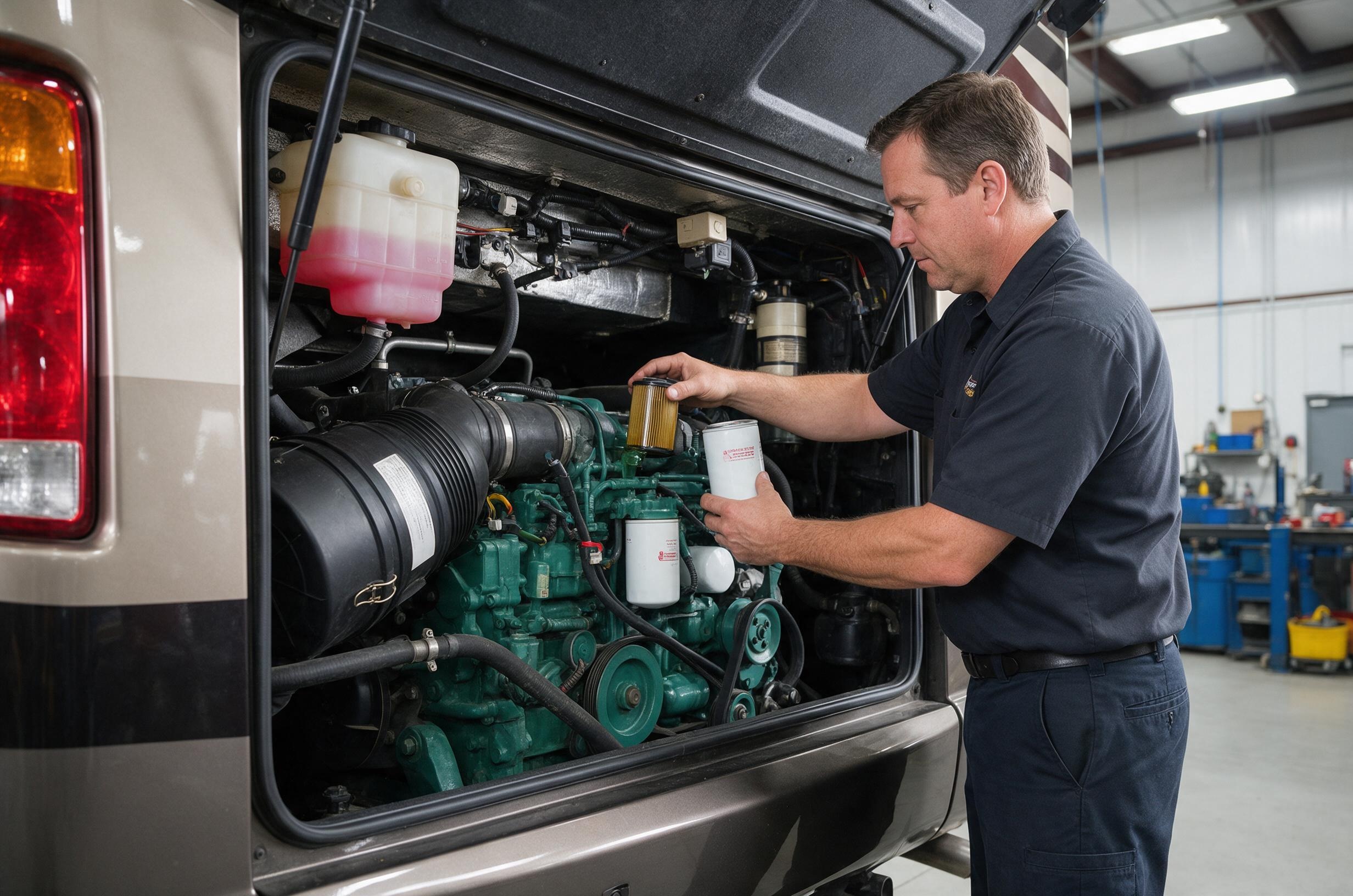 RV technician performing general maintenance on a motorcoach engine bay