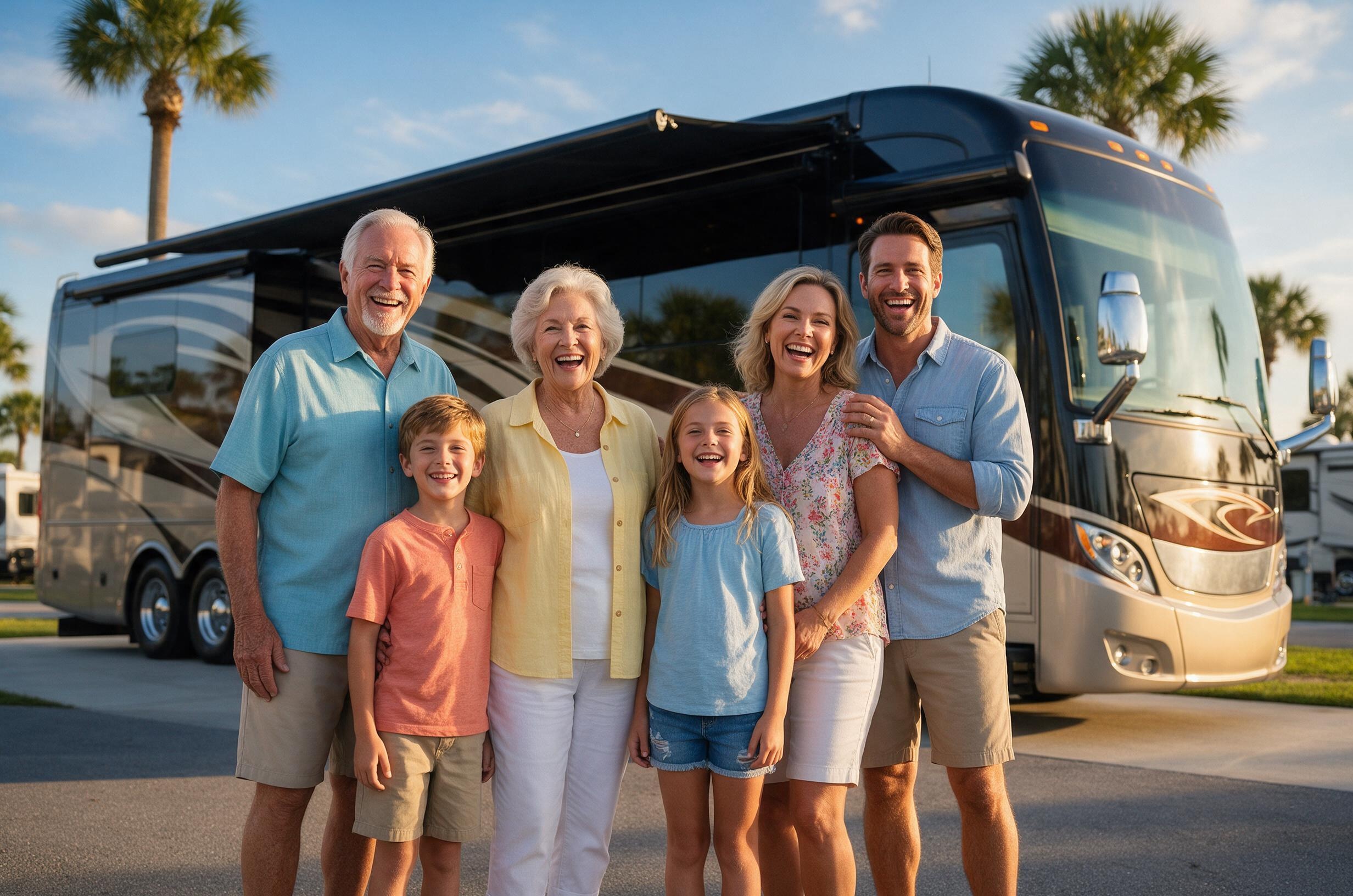 A happy family standing beside their motorcoach after service at Legacy RV & Coach Works