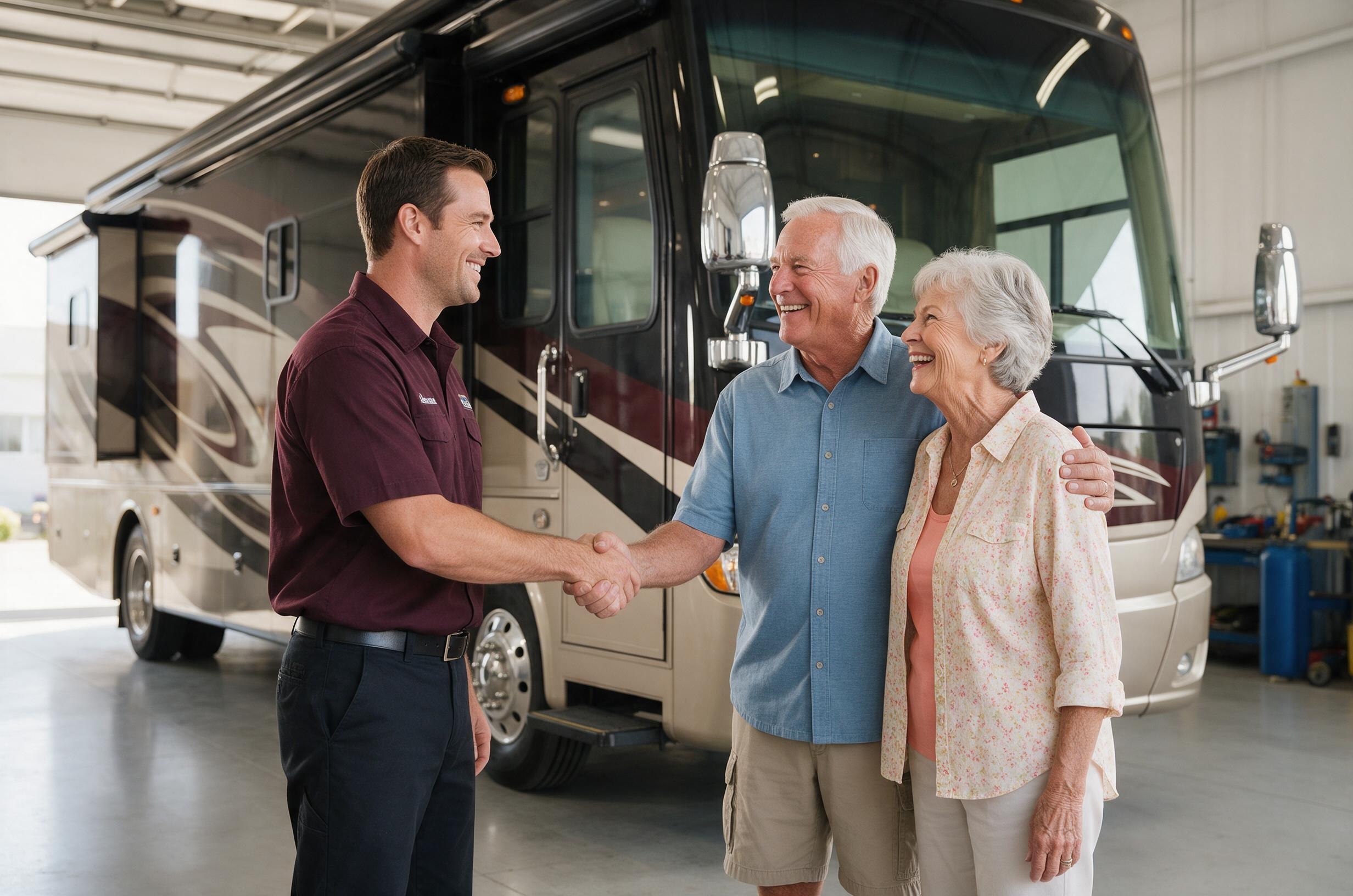 Legacy RV technician shaking hands with a happy couple in front of their motorcoach