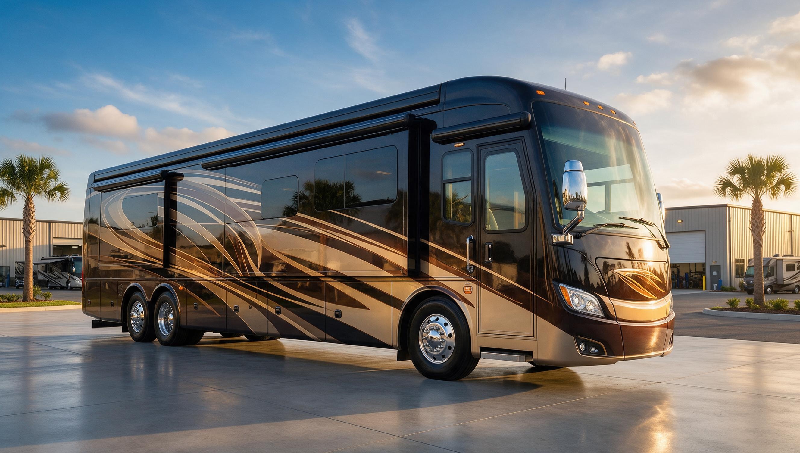 Luxury Class A motorcoach detailed to a mirror finish outside the Legacy RV & Coach Works facility in Florida
