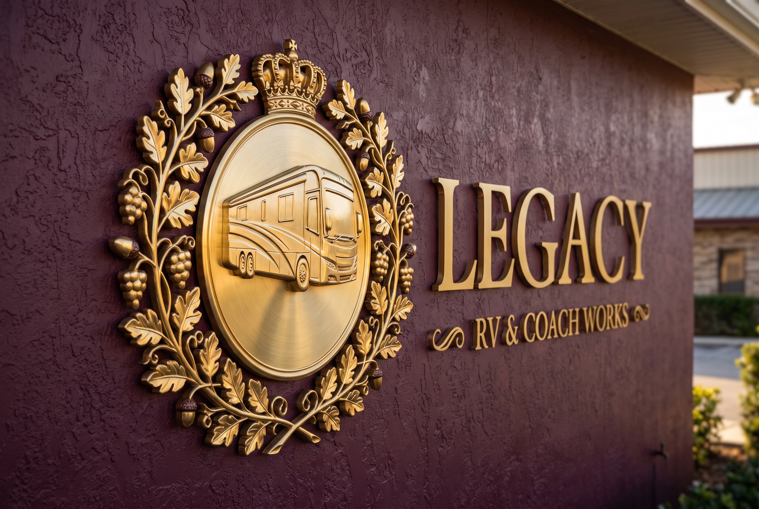 Legacy RV & Coach Works gold crest signage on the facility wall