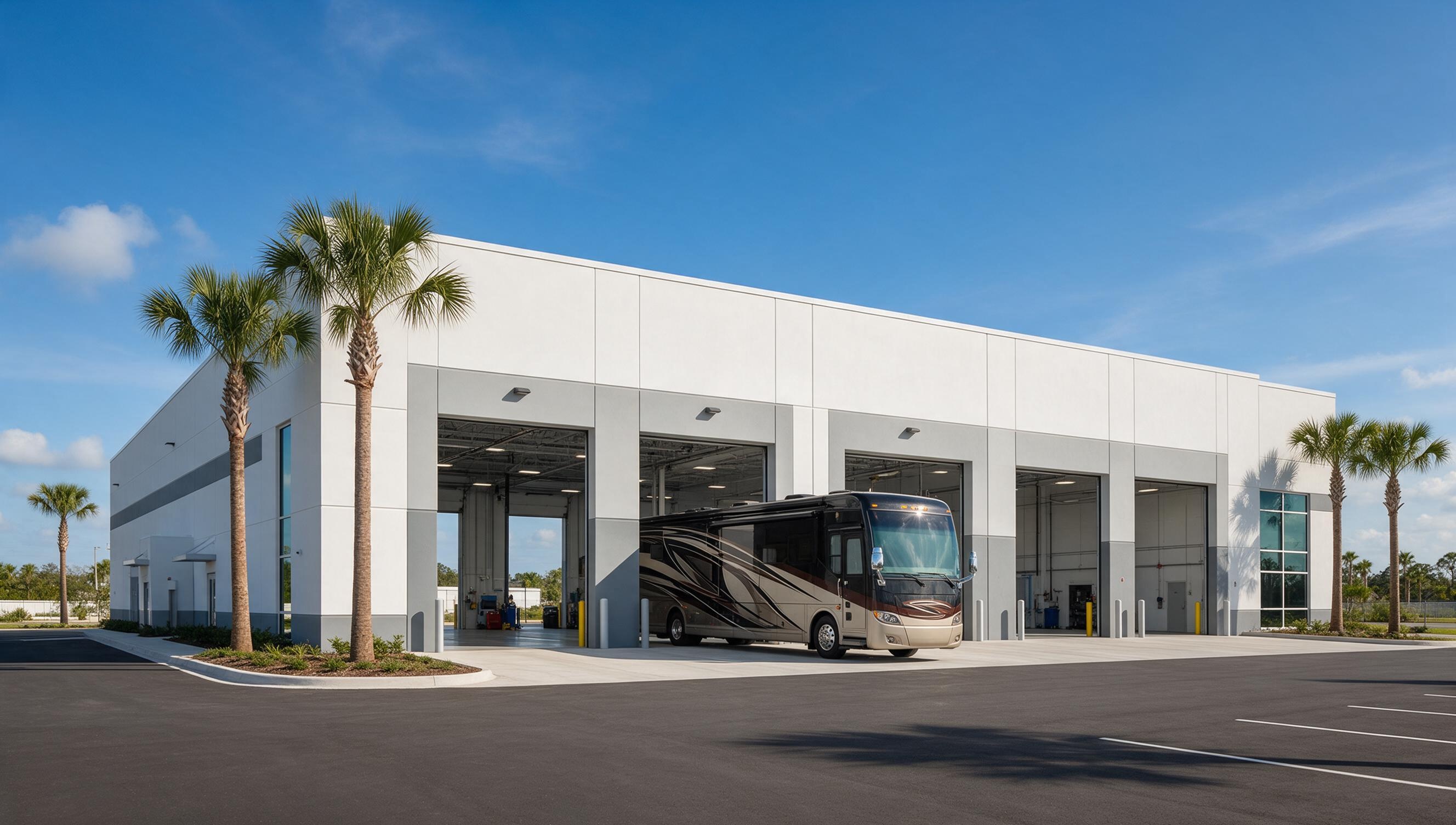 The Legacy RV & Coach Works facility exterior with a motorcoach parked outside