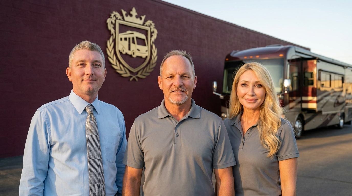 Rockey Pulley, Mike Curley and Diane Curley of Legacy RV & Coach Works standing in front of the facility crest in Hudson, Florida