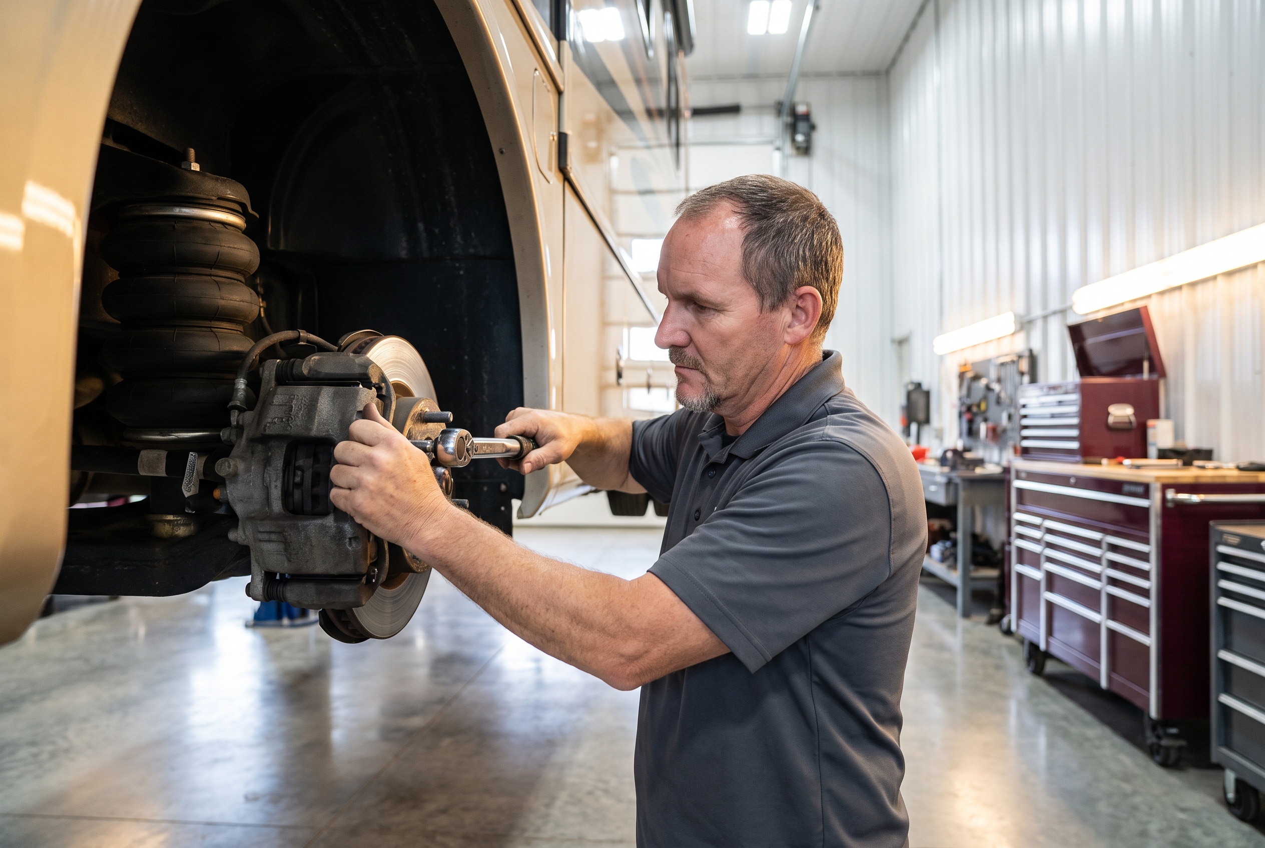 Mike Curley torquing a brake caliper bolt beside the air bag suspension on a raised Class A motorcoach