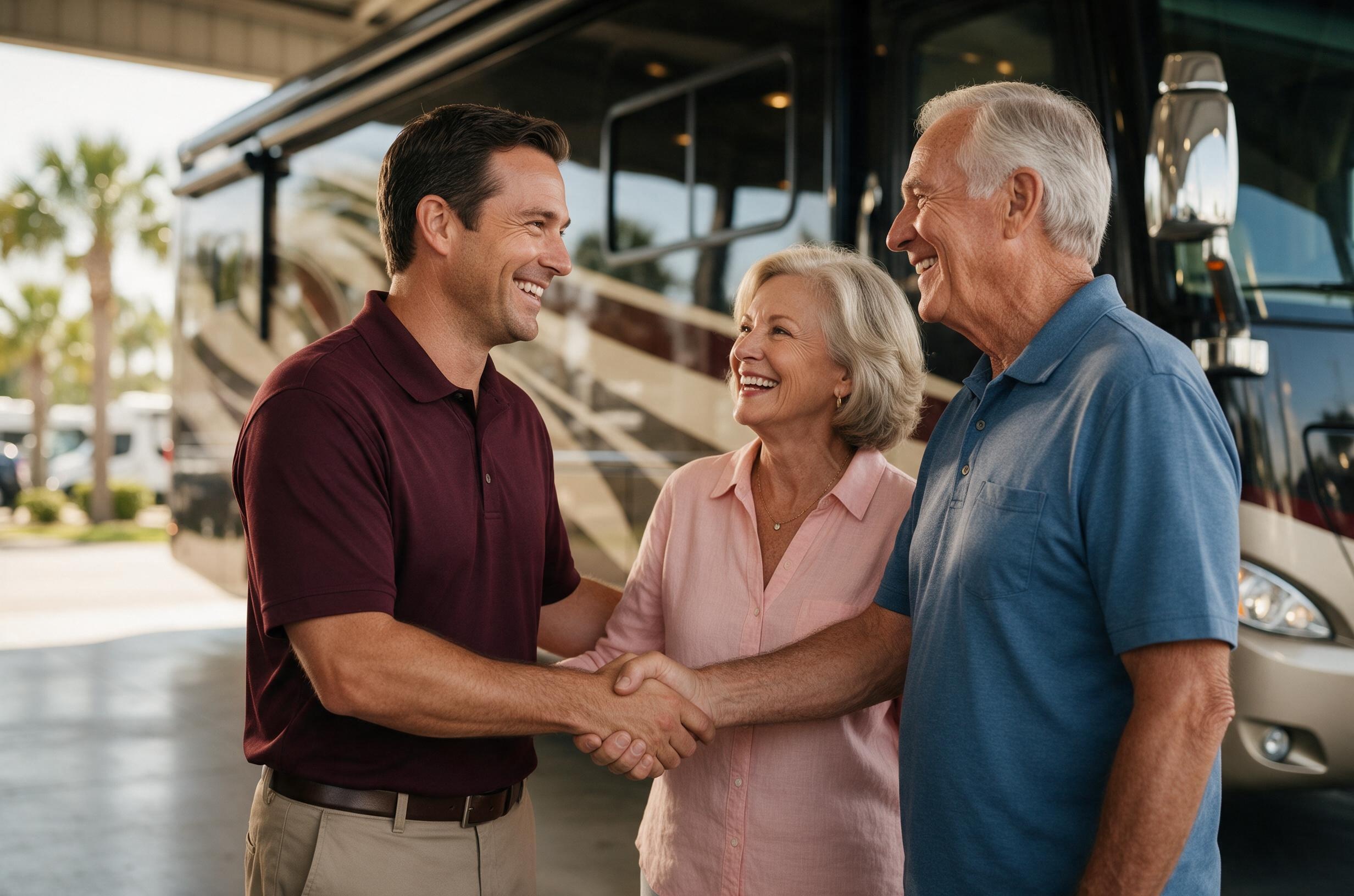 Legacy RV owner shaking hands with happy Pasco County clients in front of their motorcoach