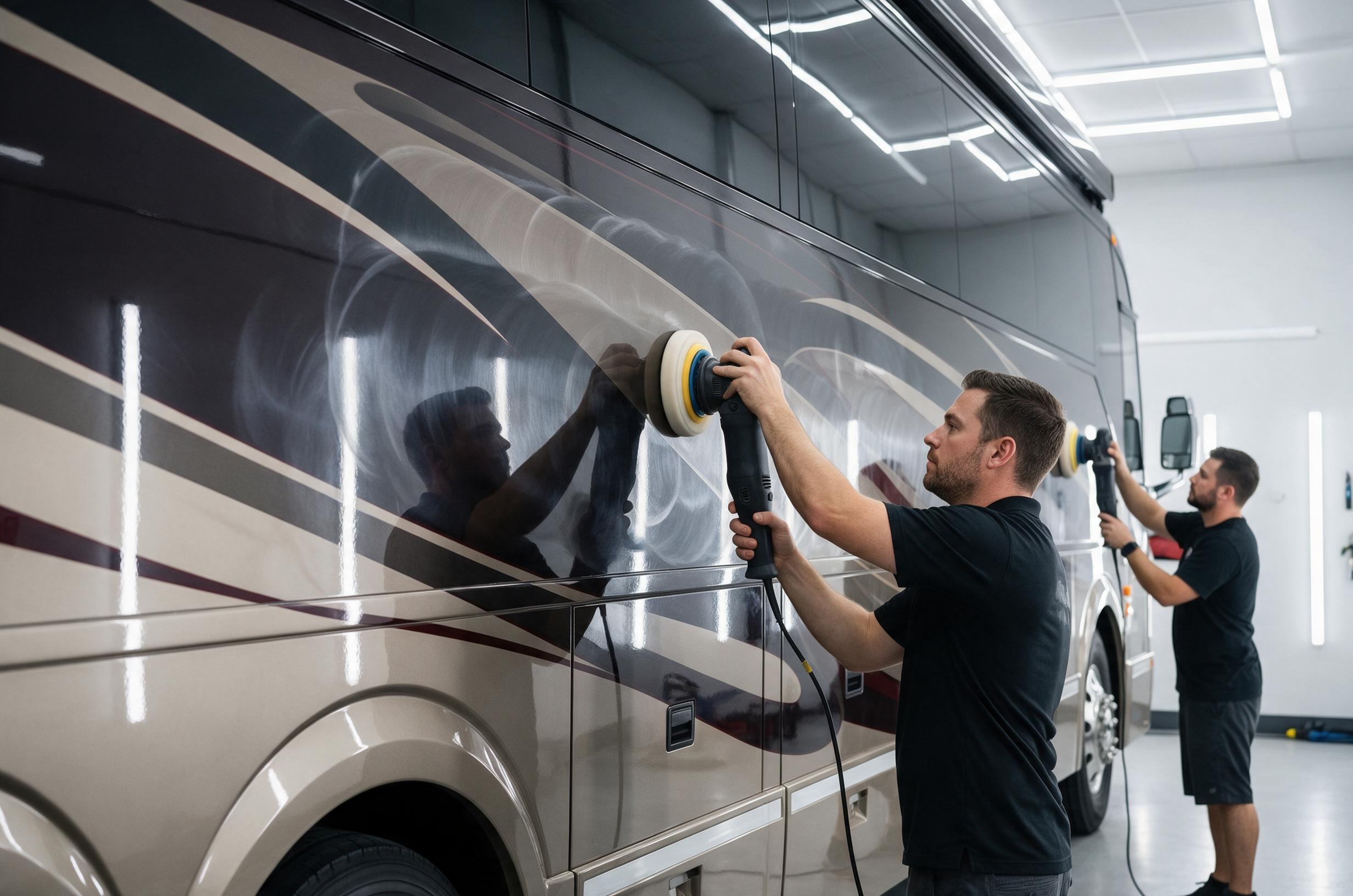 Machine paint correction on a motorcoach side panel