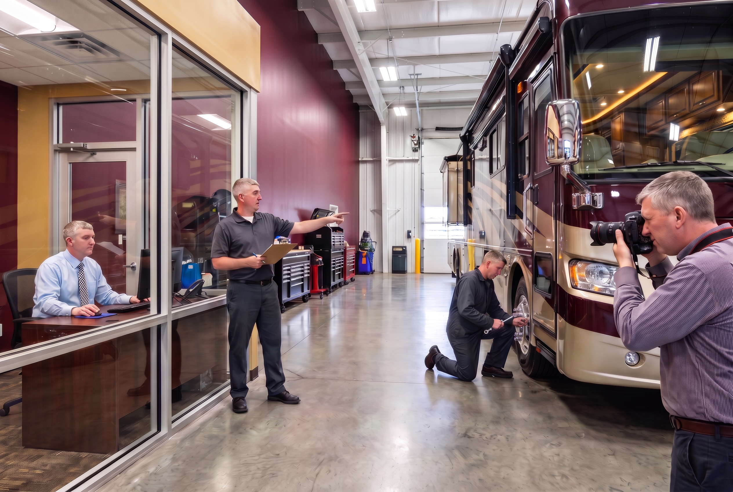 Rockey Pulley shown in four roles across the facility: at the office desk, directing the shop floor, turning a wrench, and photographing a coach