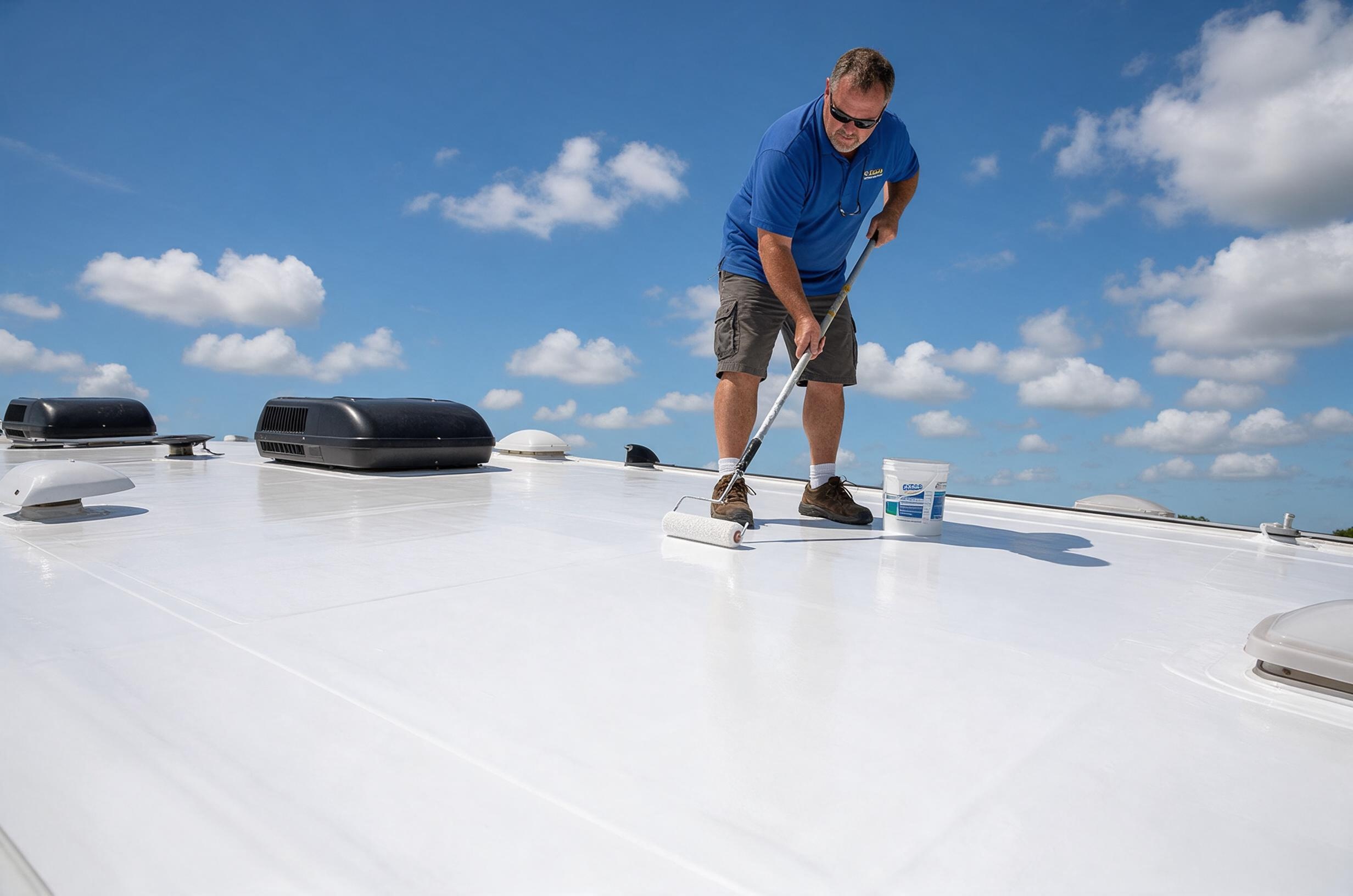 Roof Armor membrane being applied across an RV roof