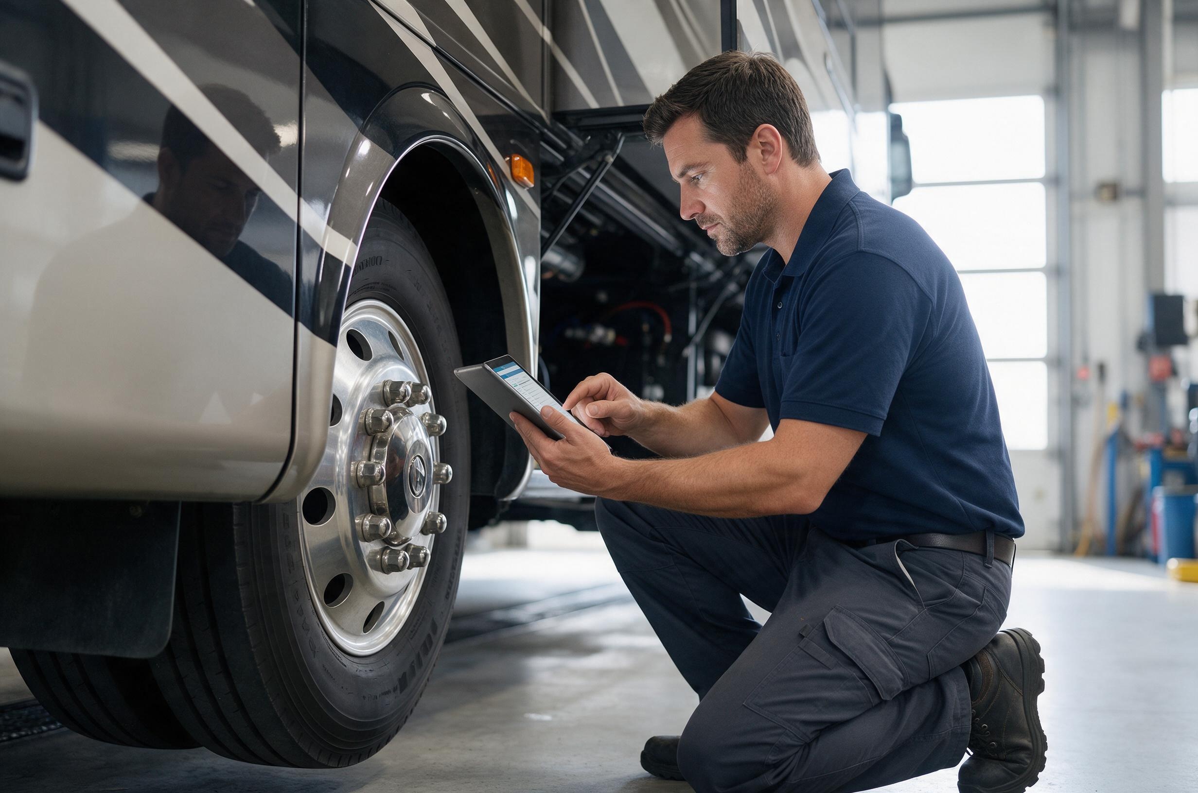 Technician performing a detailed multi-point RV inspection with a tablet checklist