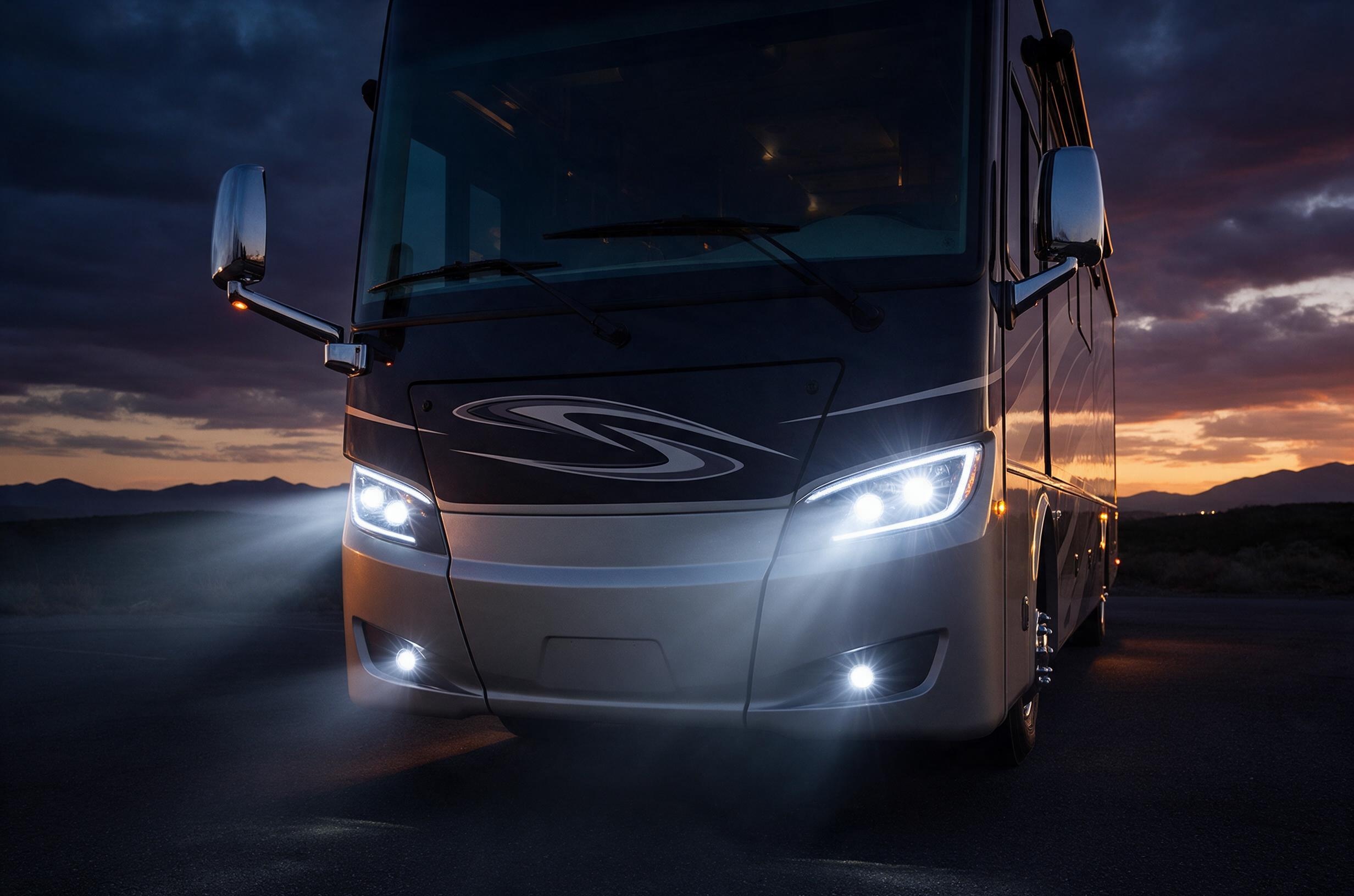 Bright LED headlight upgrade illuminated on the front of a luxury motorcoach at dusk