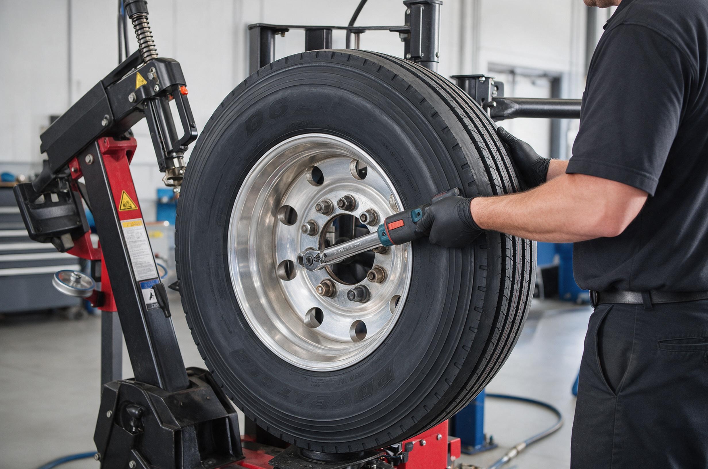 Heavy-duty motorcoach tire being mounted and torqued