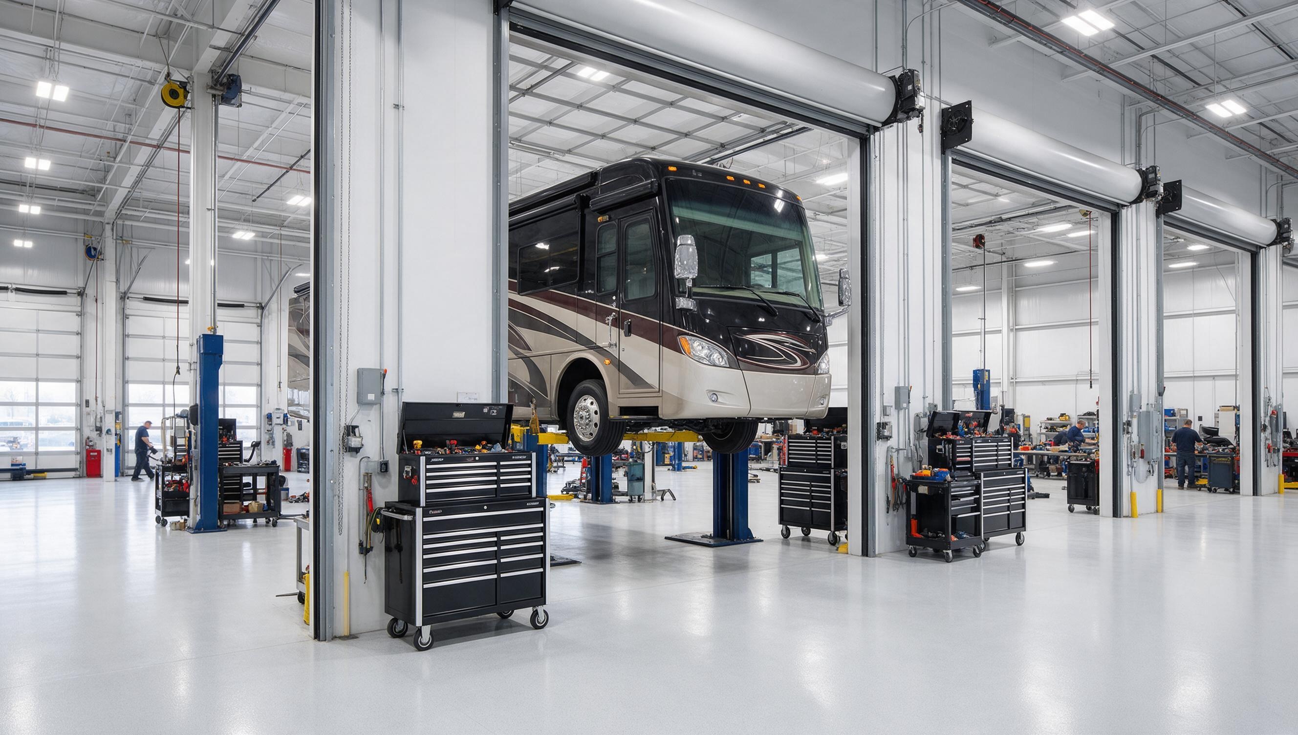 The clean, well-equipped service bays at Legacy RV & Coach Works