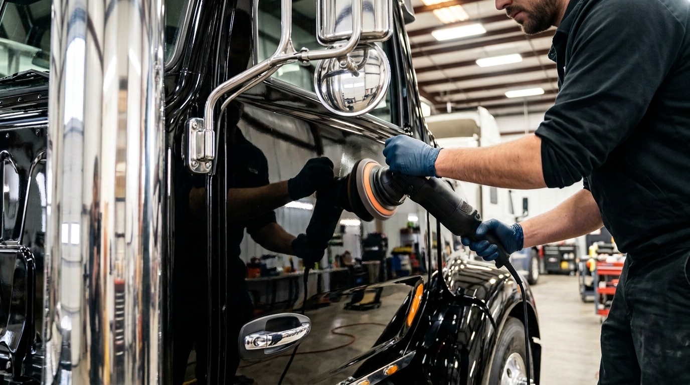 Semi truck being polished to a high gloss finish