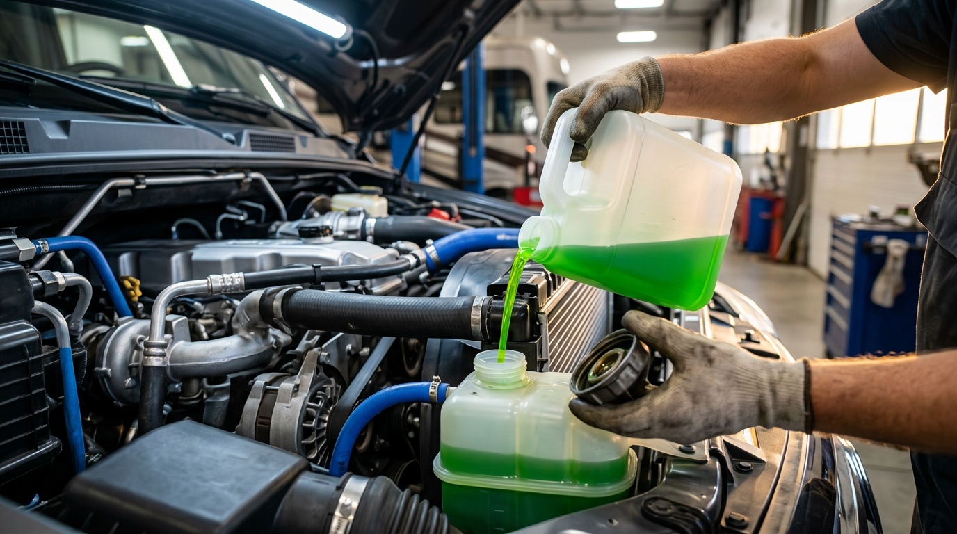 Coolant being topped up in a motorcoach engine bay