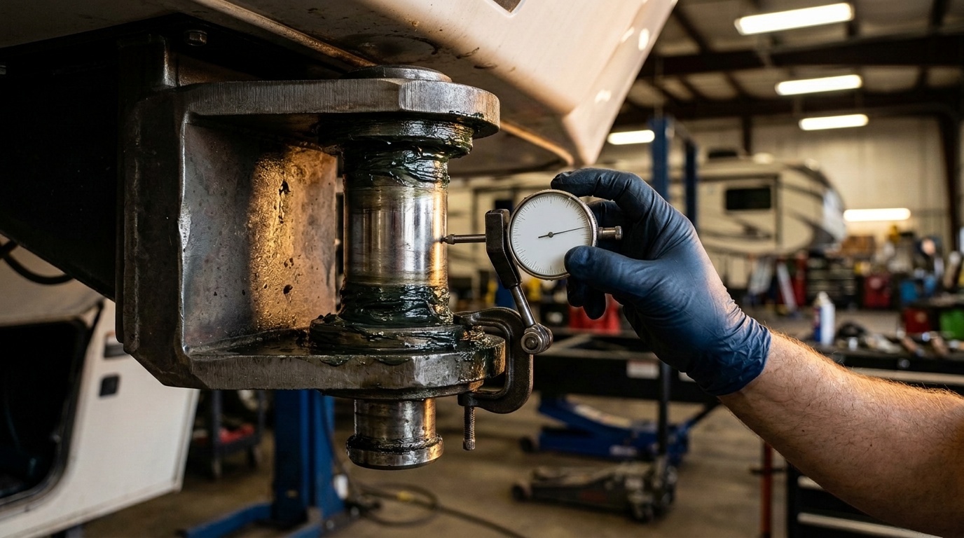 Measuring king pin wear with a dial indicator on a fifth wheel