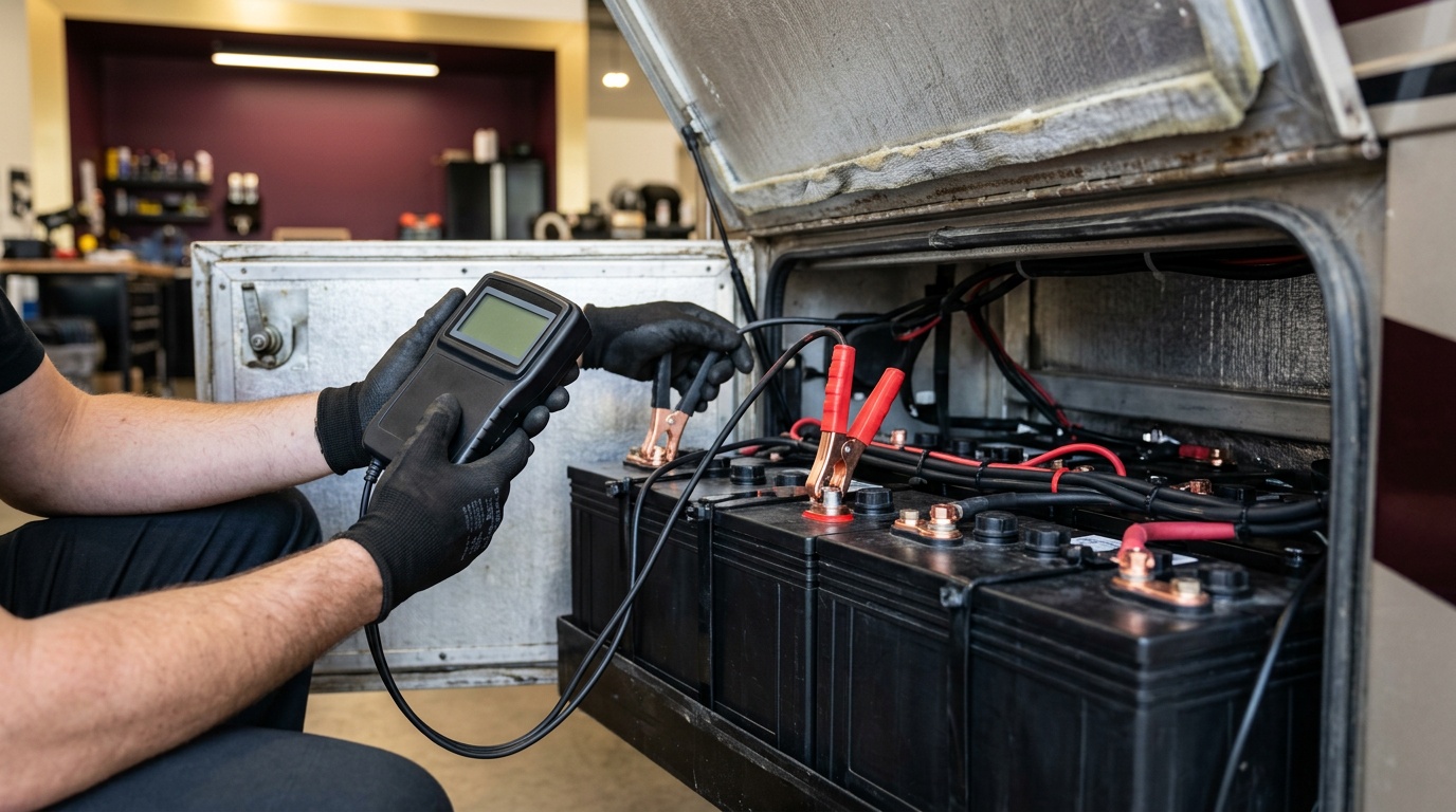 Technician load testing an RV house battery bank