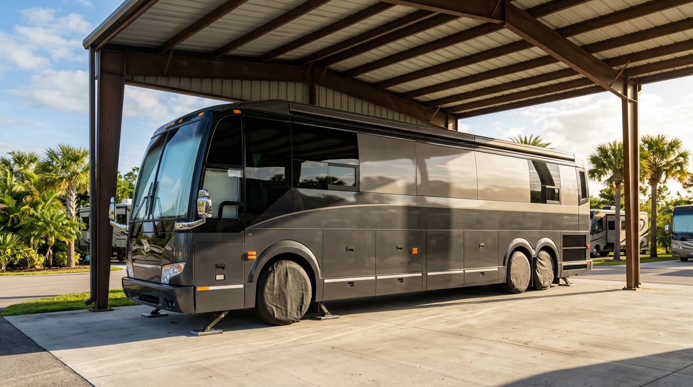 A snowbird motorcoach stored for the off-season in Citrus County
