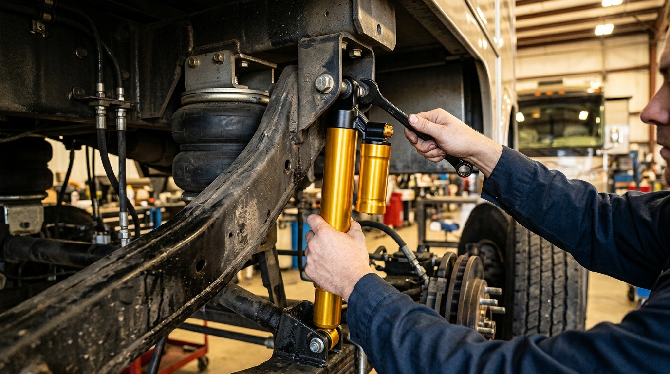 New heavy-duty shock absorber being fitted to a motorcoach suspension