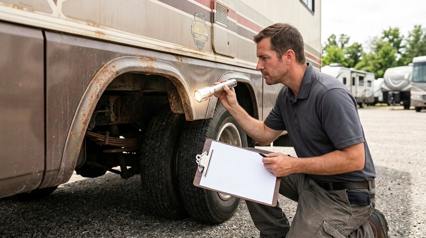 Inspector checking the undercarriage of a used RV before purchase