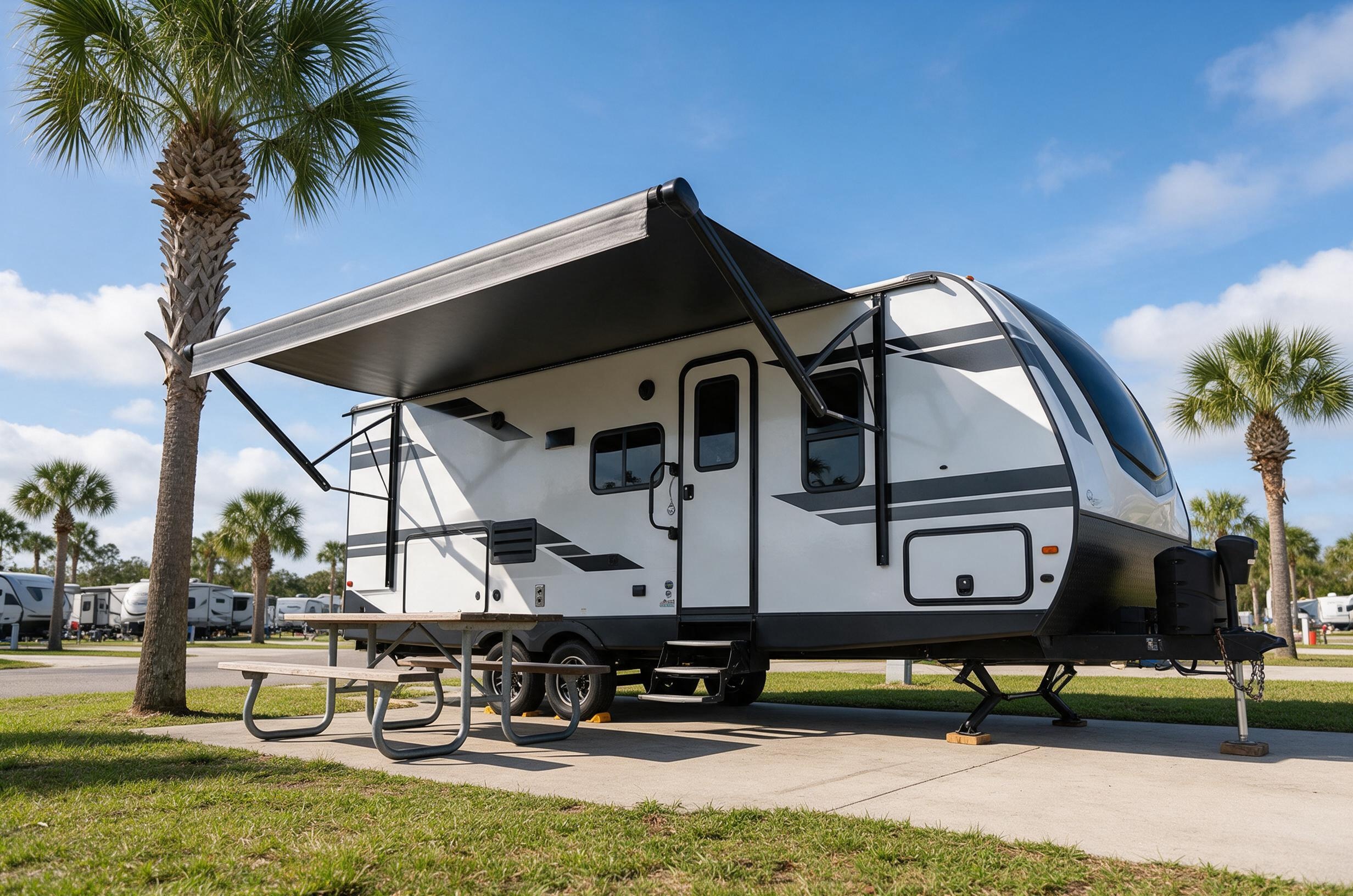 Modern travel trailer with awning extended at a sunny Florida campsite